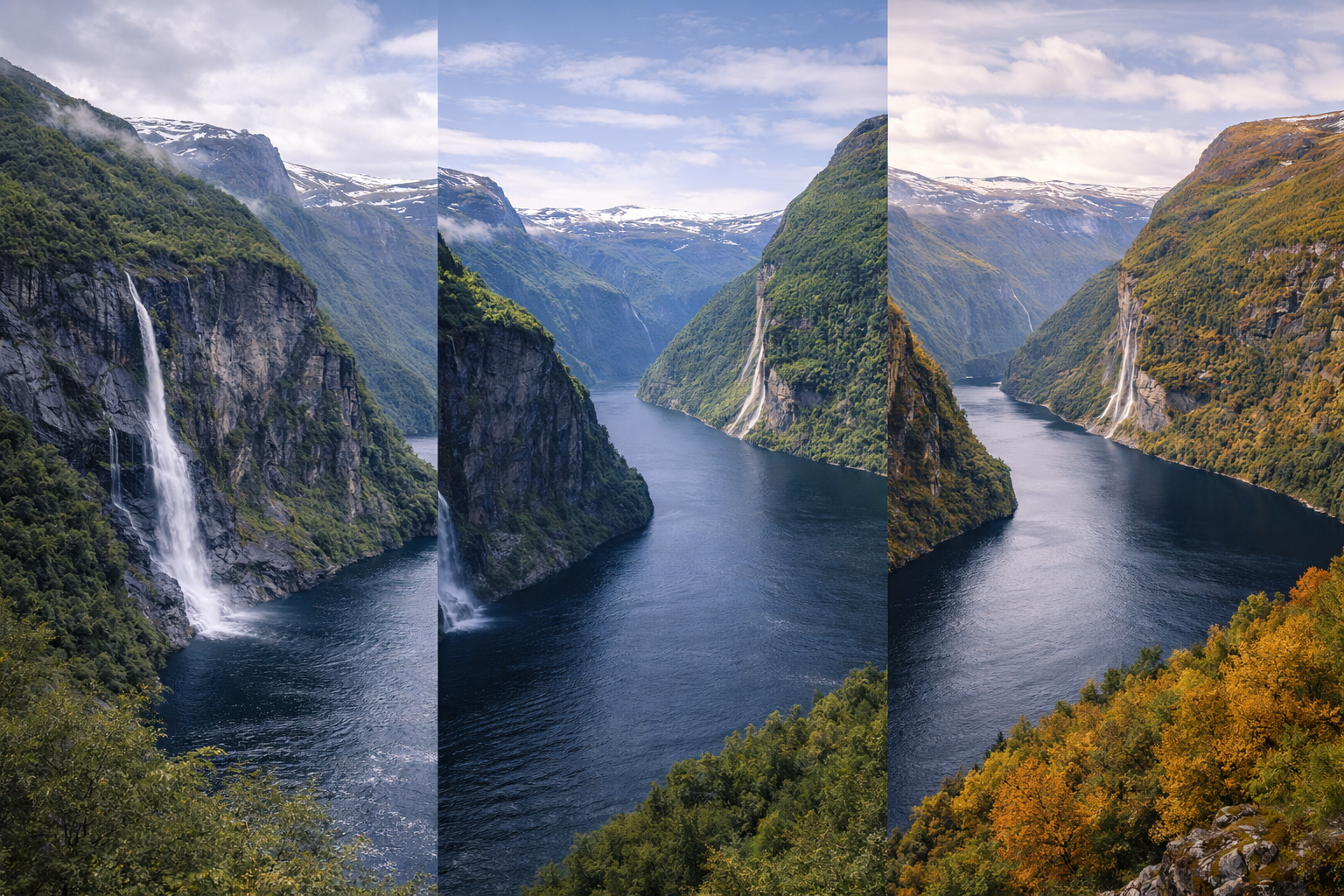 Norwegian fjords shown in spring, summer, and early autumn moods.