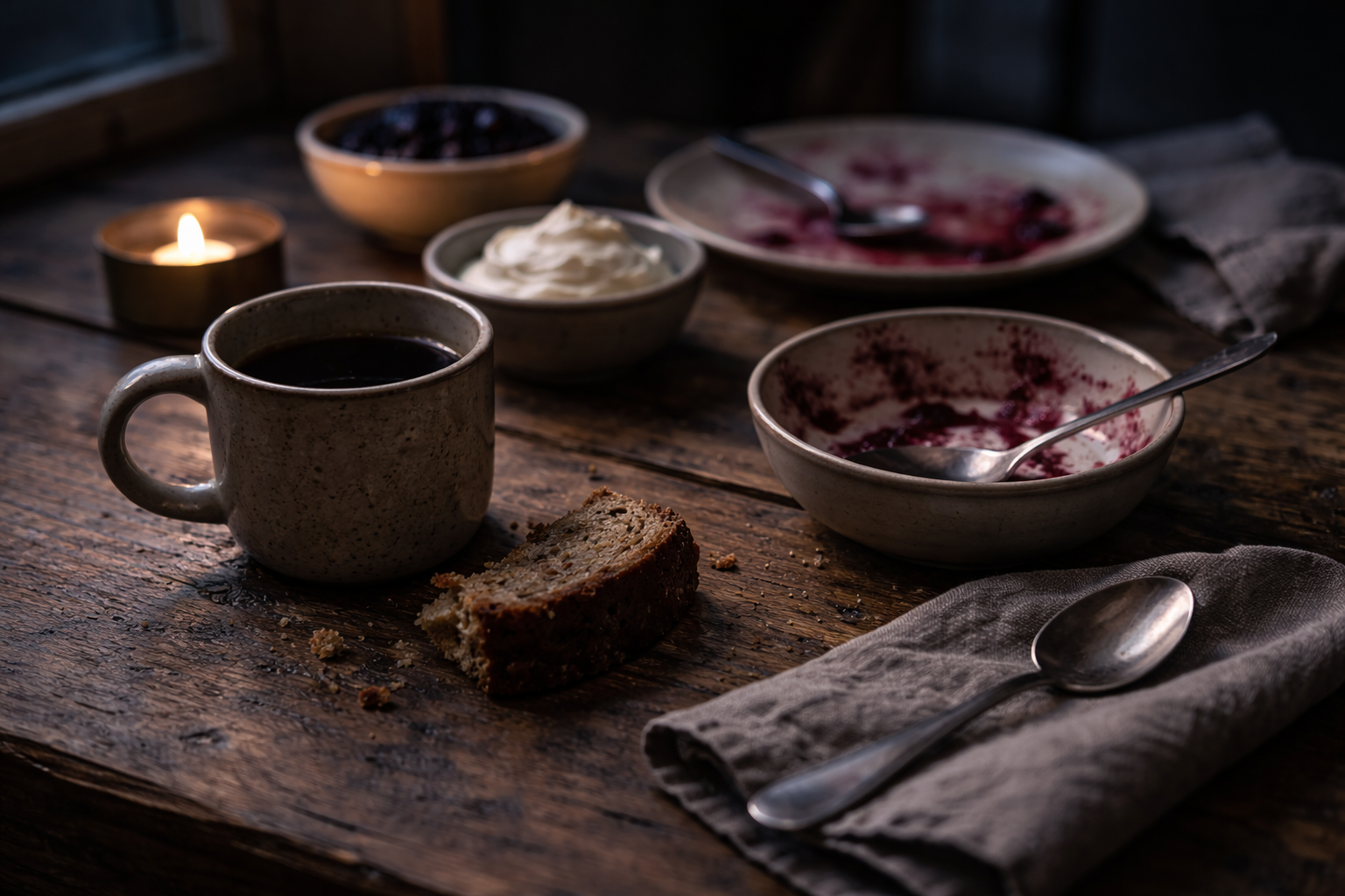 Norwegian food guide: The end of a quiet Norwegian meal with coffee, bread, and soft winter evening light.