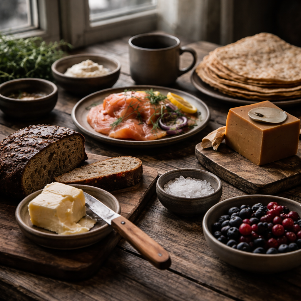 Norwegian food spread in soft window light with bread, fish, berries, and rustic Nordic simplicity.