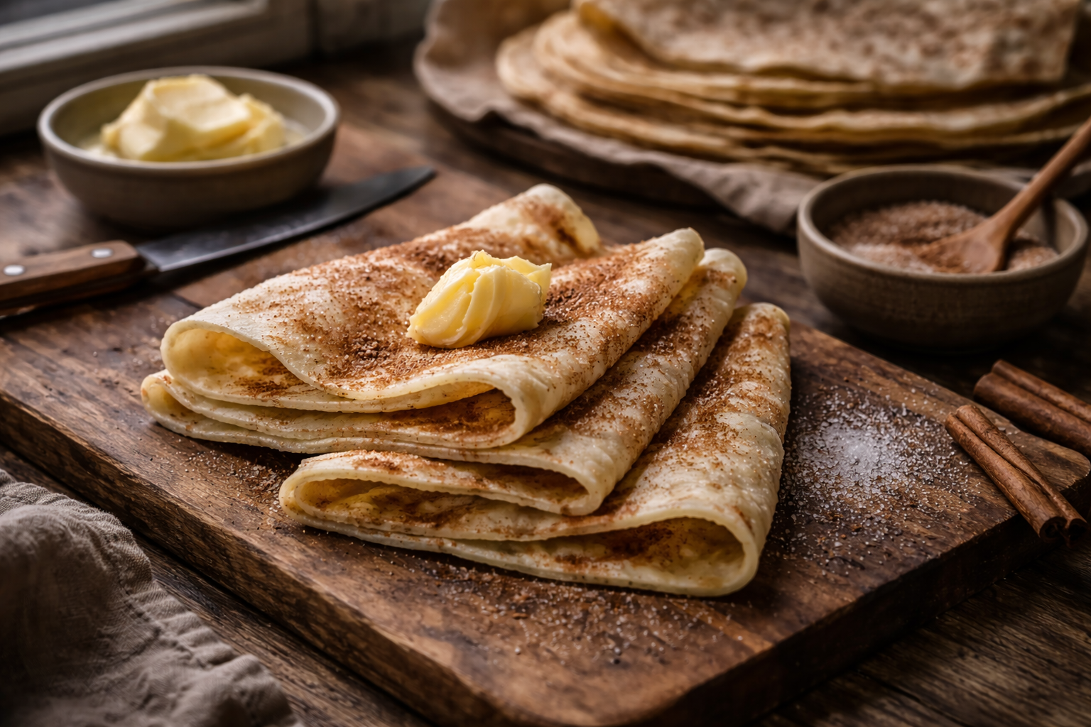 Soft lefse with butter and cinnamon in a warm Scandinavian home-kitchen setting.