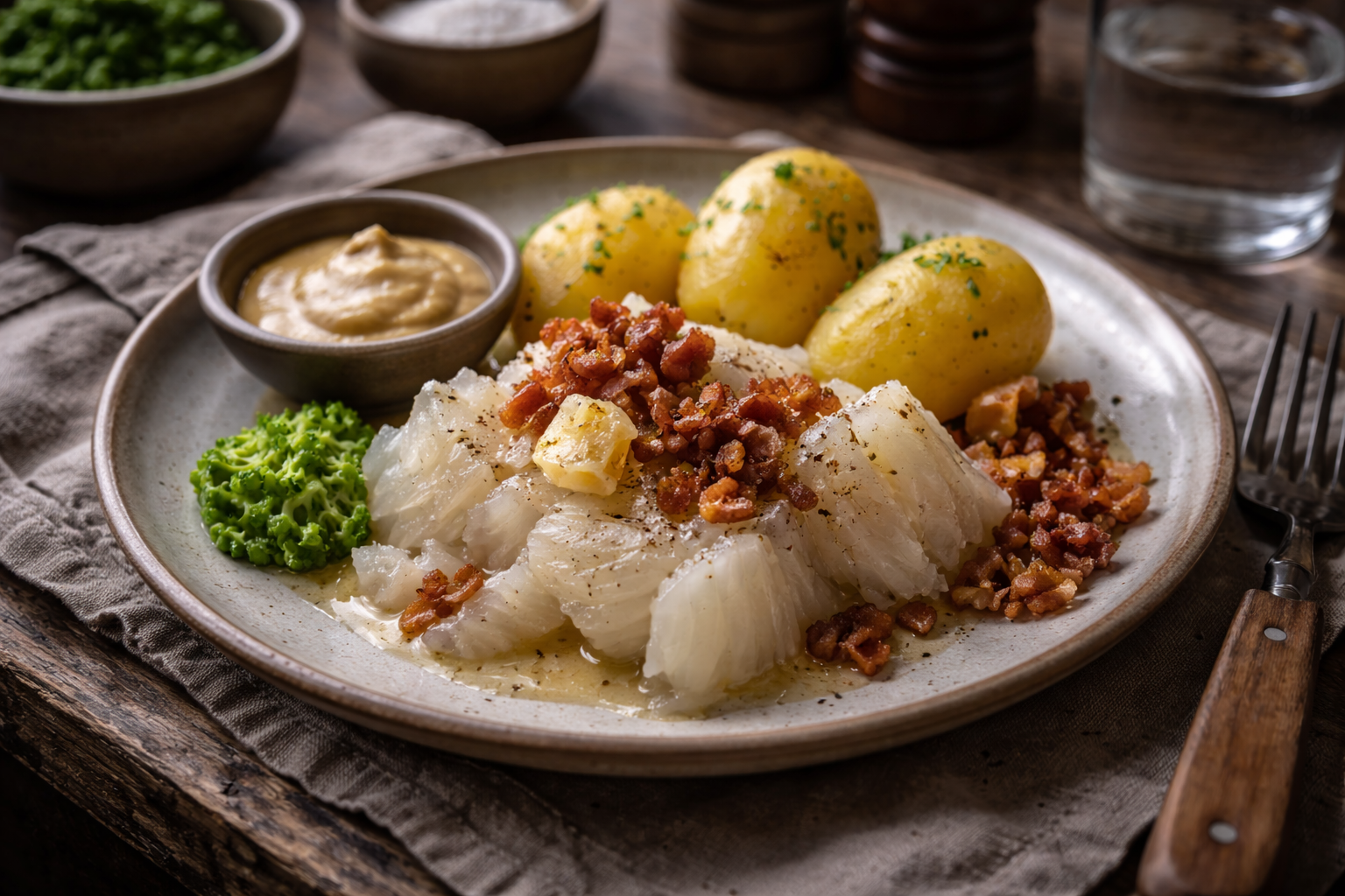 Lutefisk served simply in cool natural light as part of Norwegian food heritage.