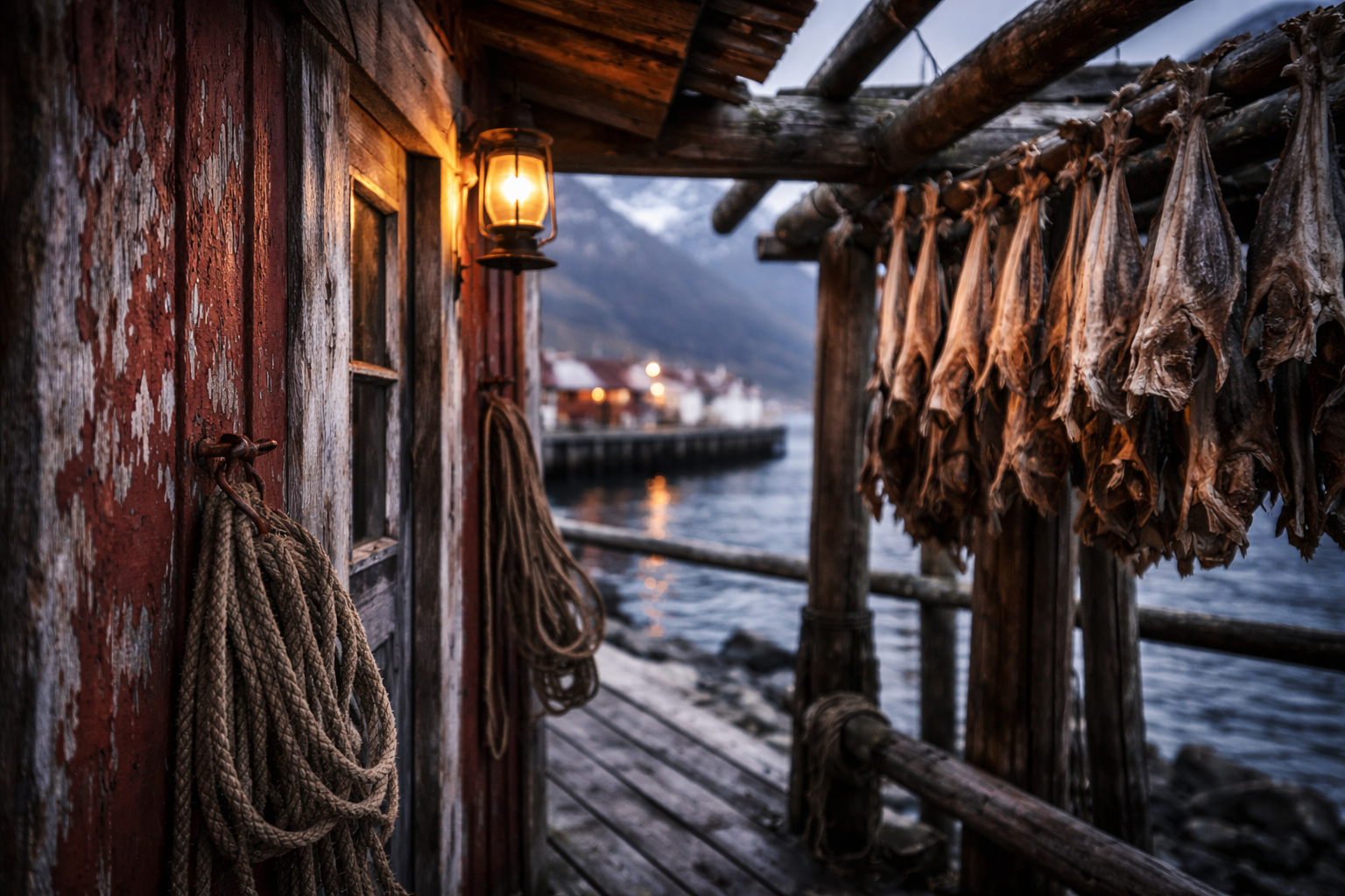 Rorbuer and fish-drying structures showing the material culture of coastal Norway.