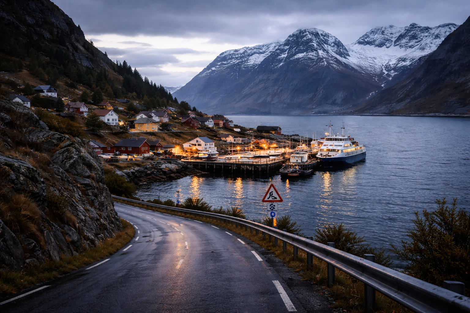 Norwegian coastal route where fjord, village, and harbor coexist naturally.