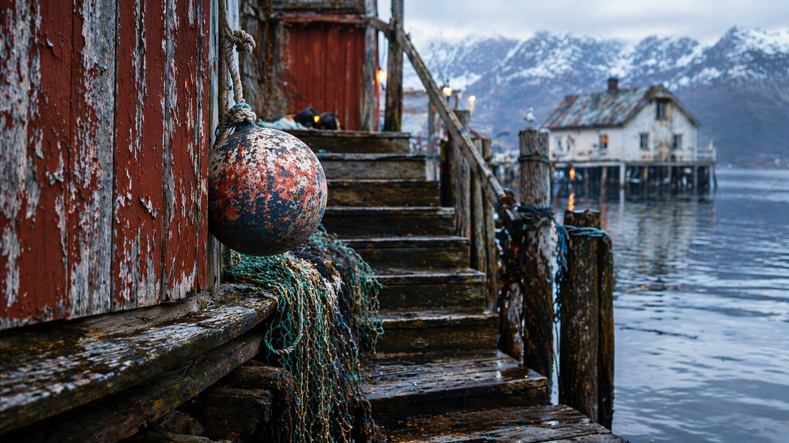 Weathered harbor detail in a small Norwegian coastal settlement.
