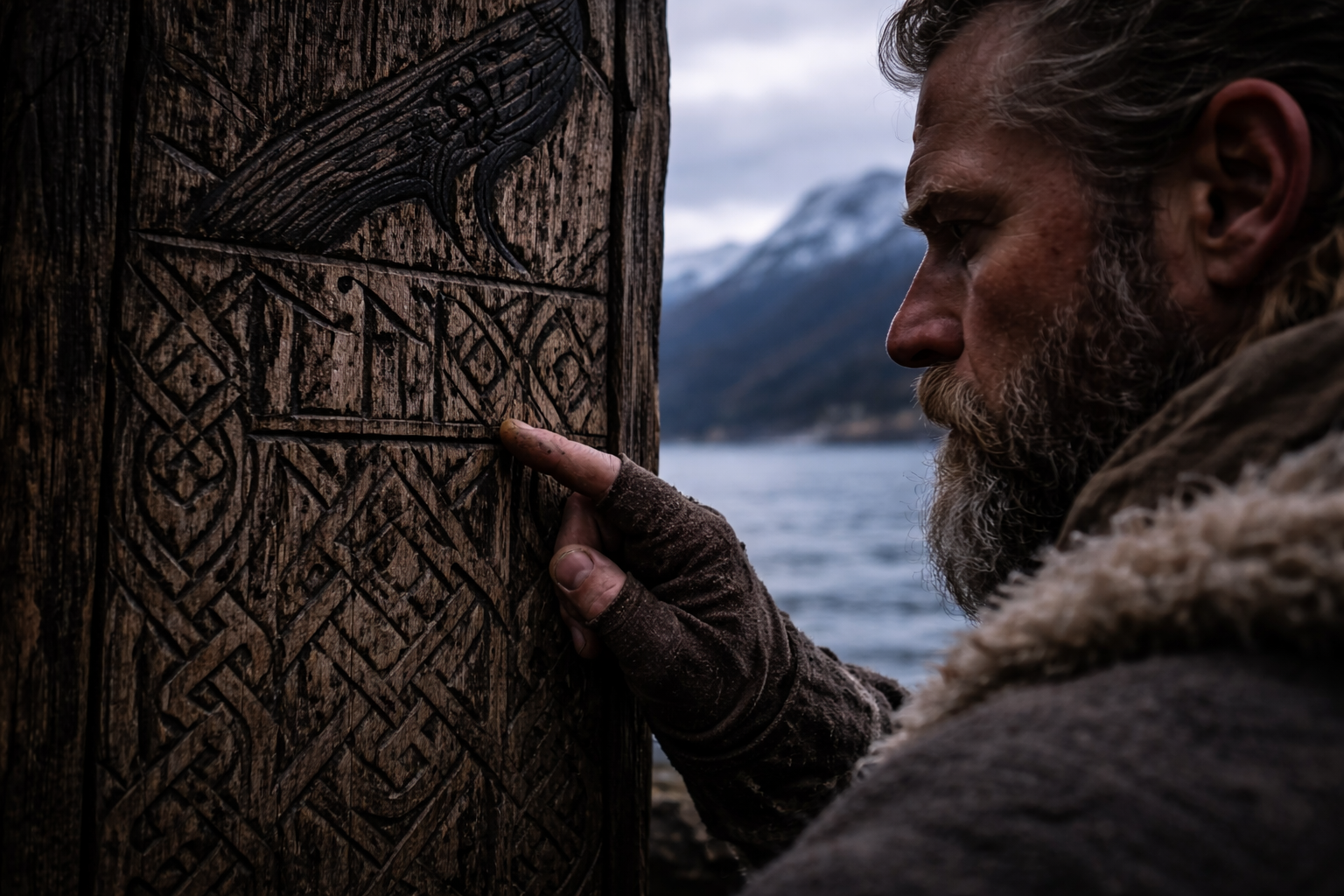 Traveler studying ancient Norse carved symbols in cold northern light.