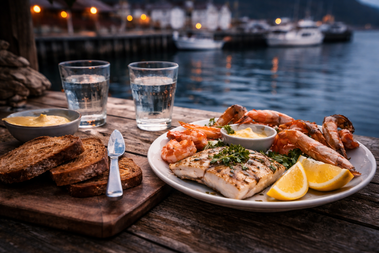 Norwegian seafood meal served beside the harbor with boats blurred behind.