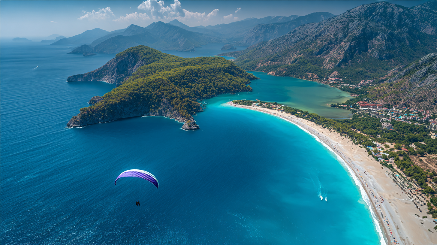 Natural wonders of Turkey: Aerial view of Ölüdeniz Blue Lagoon with turquoise water, white sand, and green mountains