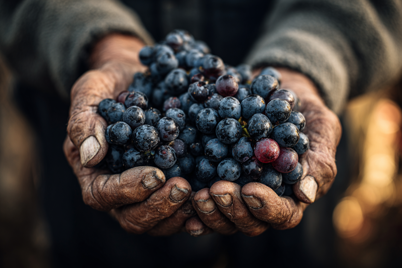 Close-up of an elderly Italian farmer's hands holding organic grapes in a vineyard, representing the "Km Zero" sustainable dining movement in Italy.