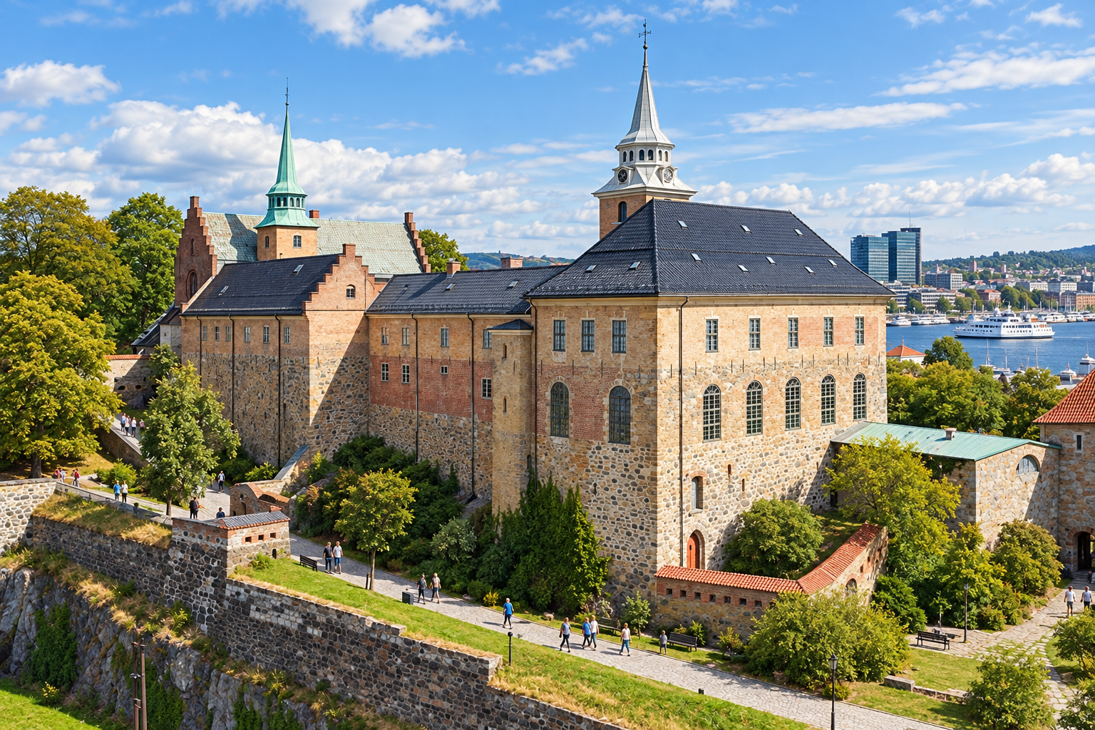 Stone walls of Akershus Fortress overlooking Oslo harbour