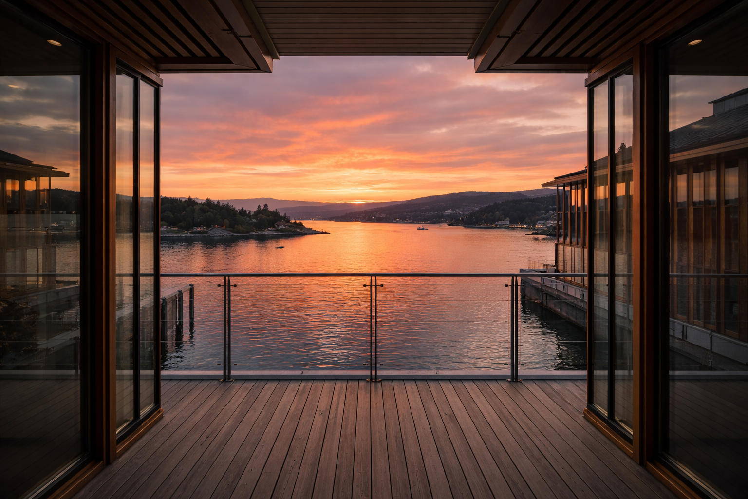 Oslo travel guide: Architectural view framing the Oslofjord at sunset with calm water and glowing sky.