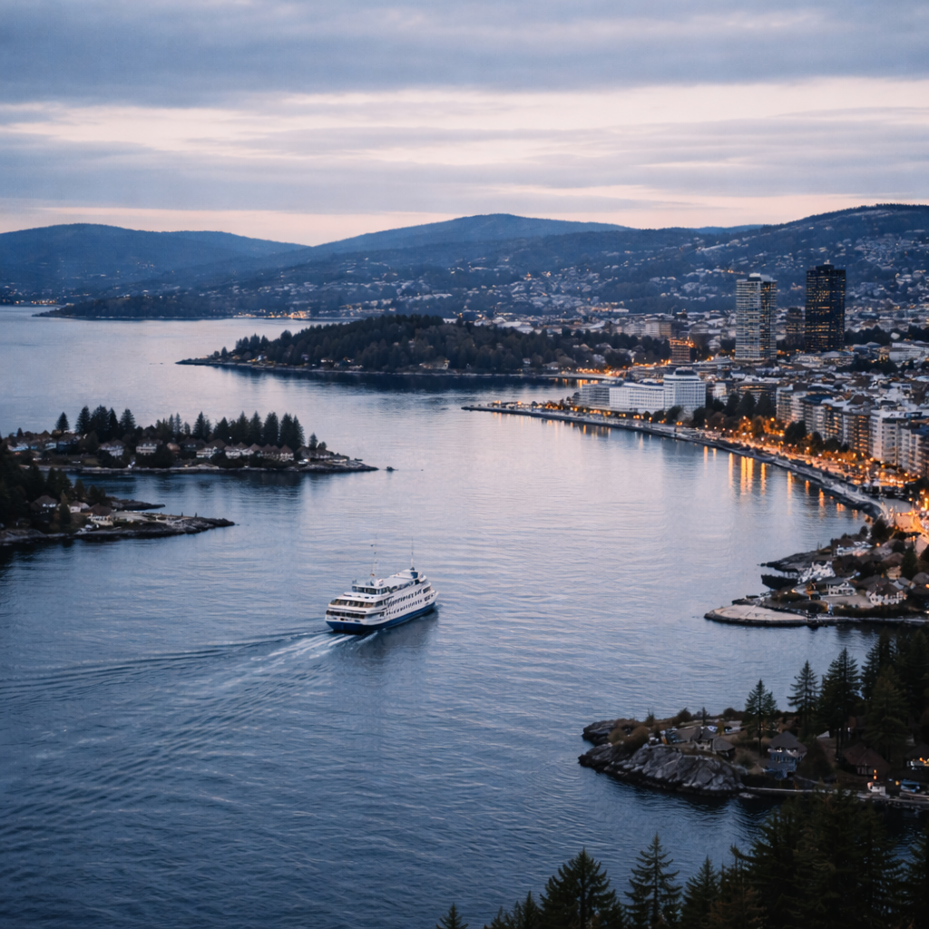 Oslofjord meeting the city in soft Nordic light with ferries and open water.