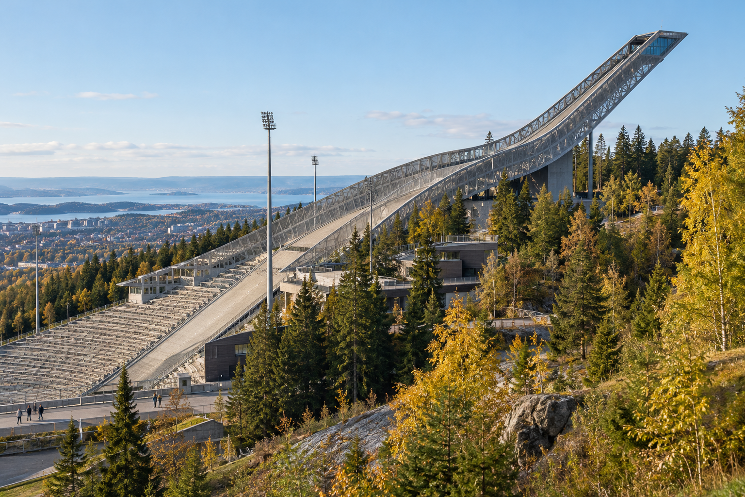 Holmenkollen ski jump above the wooded hills of Oslo