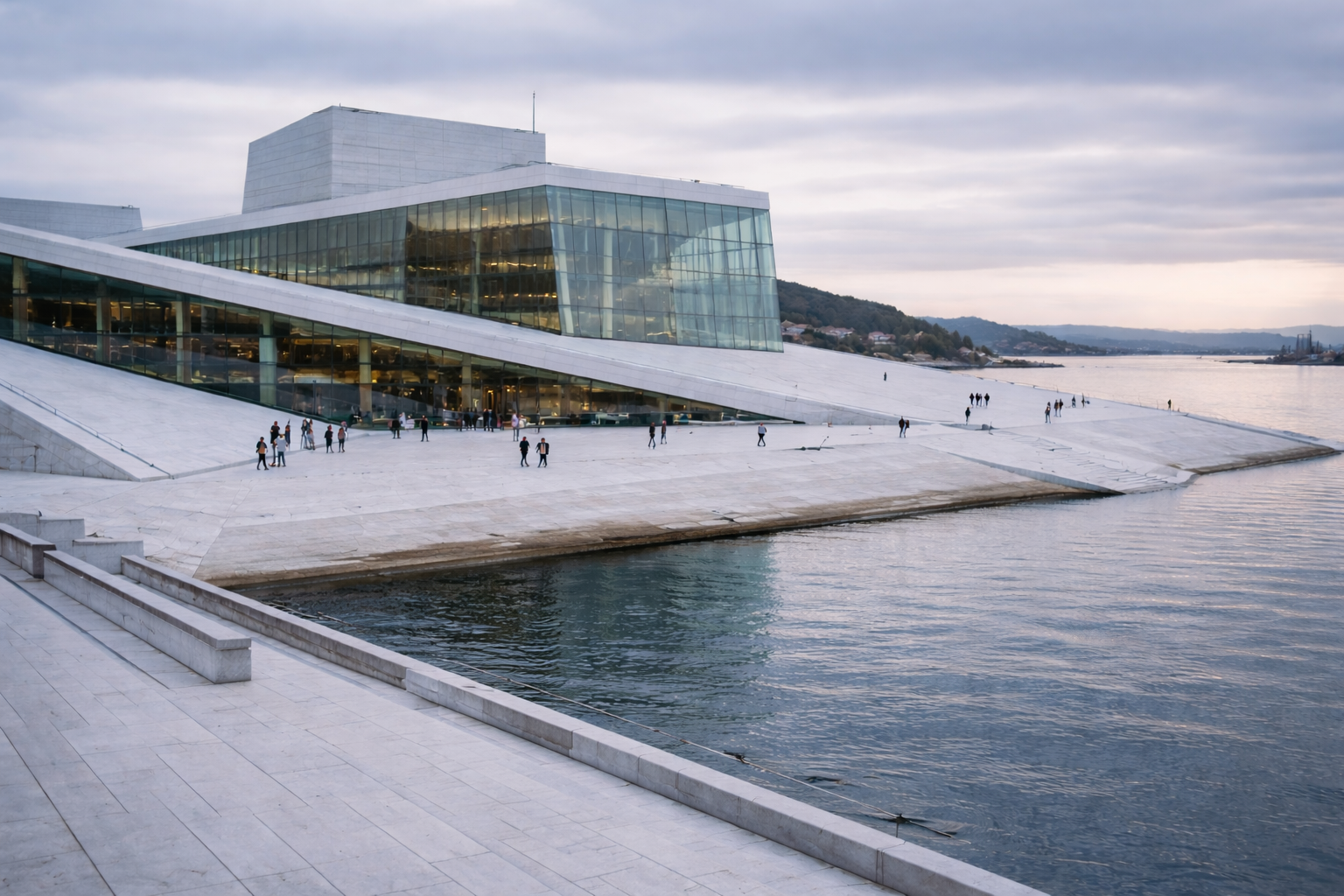 Clean waterfront architecture in Oslo with pale Nordic light and open space.
