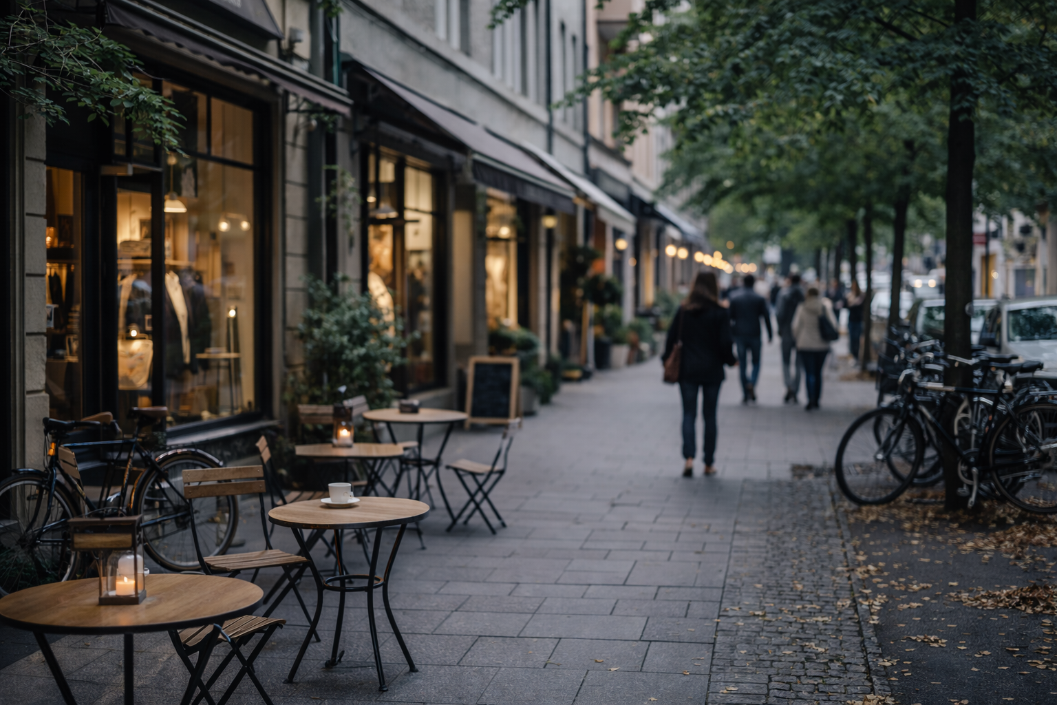 Oslo neighborhood street with cafés, bicycles, and relaxed everyday city life.