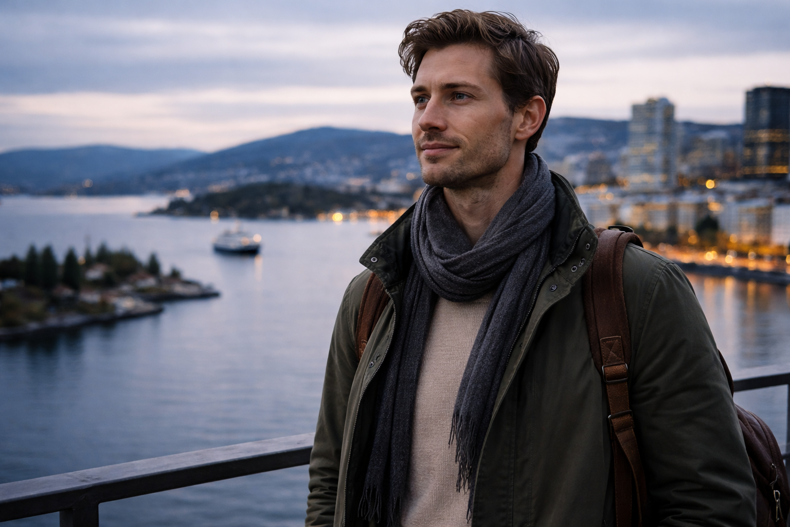 Traveler at Oslo waterfront seeing the city as the start of a wider Norway journey.