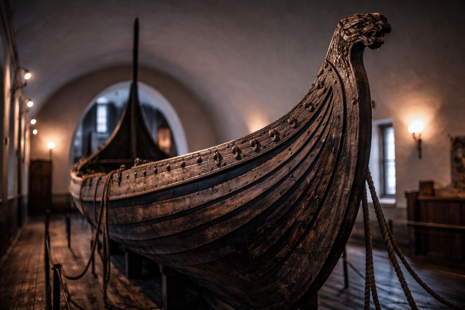 Preserved Viking ship hull with aged wood and carved detail in museum light.