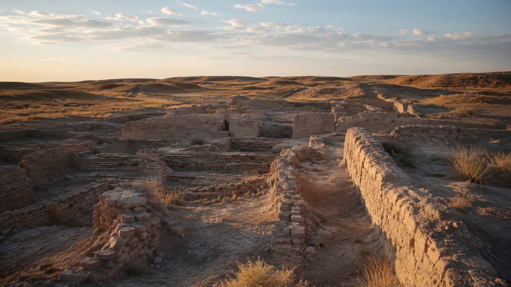 Otrar ruins near Turkestan with ancient earth walls and open steppe.
