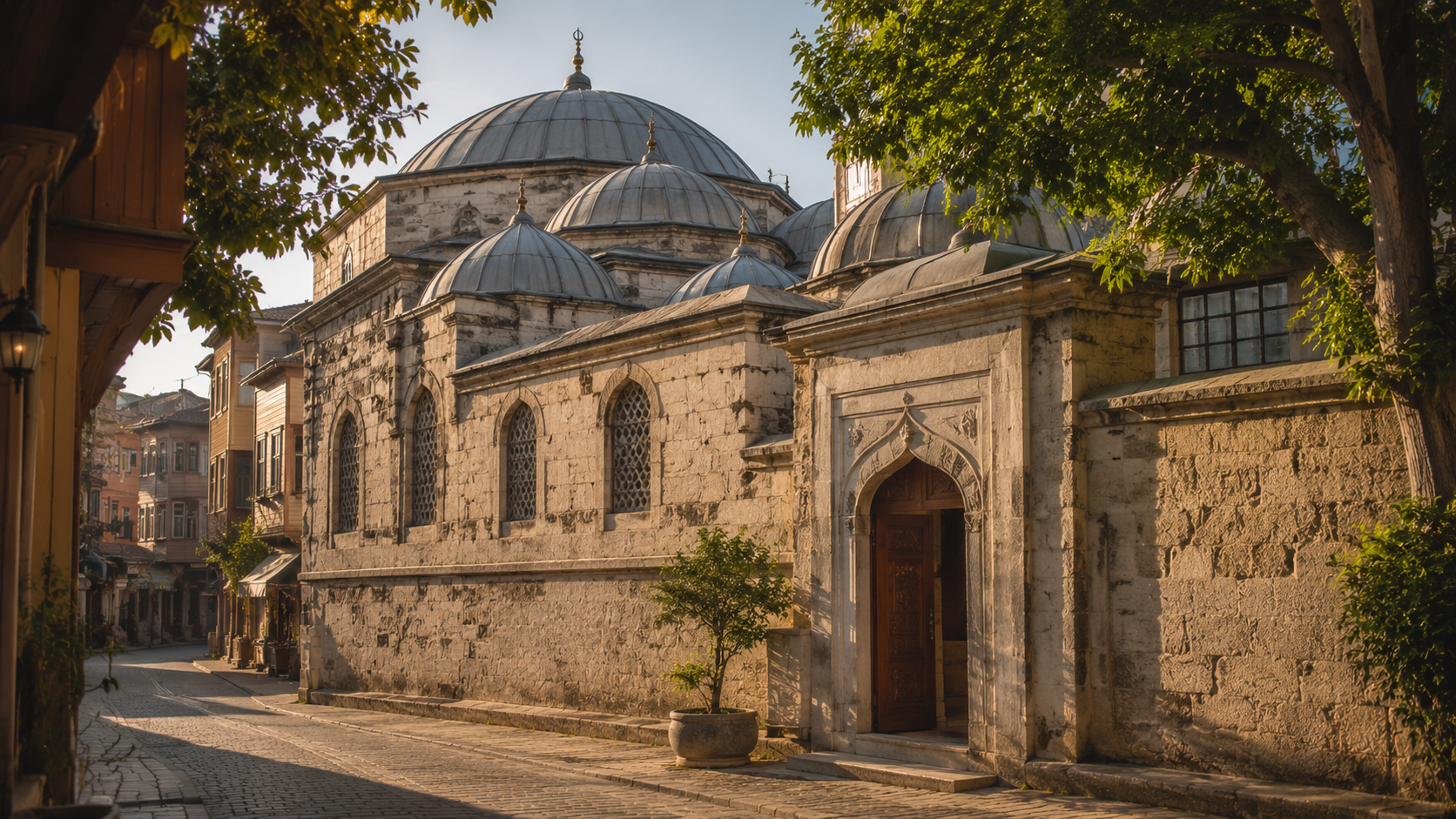 Historic Ottoman hamam exterior with domed roof on an old Istanbul street