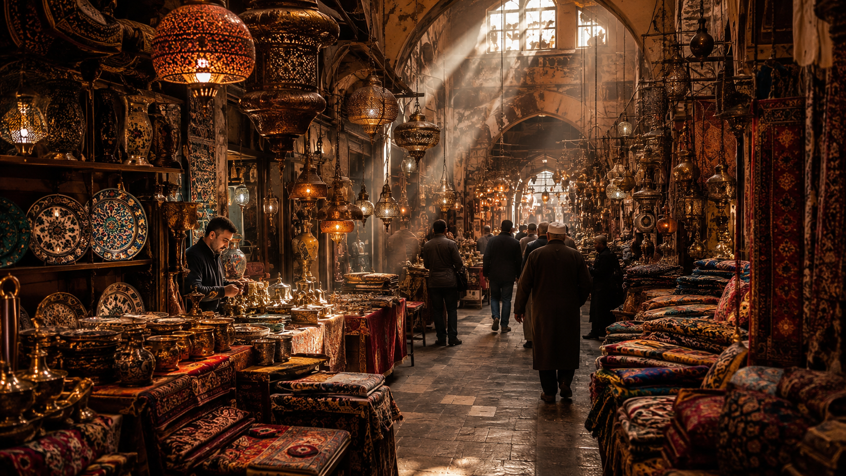 Anatolian civilizations: Ottoman-style bazaar in Turkey with lamps, ceramics, textiles, and spices