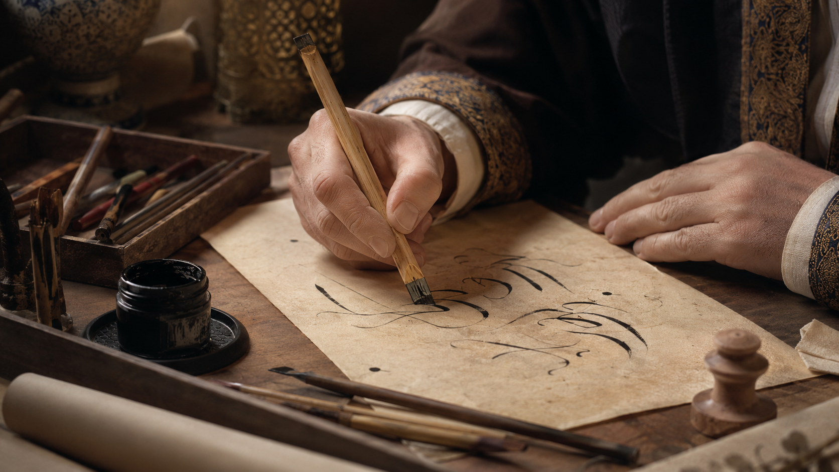 Ottoman calligrapher writing with a reed pen and ink on handmade paper