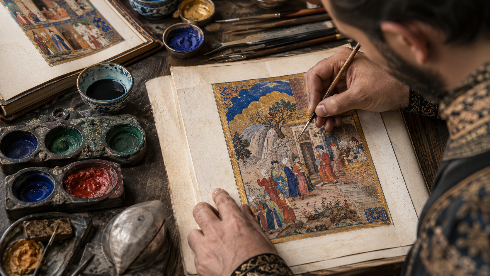 Turkish crafts and arts: Artist painting an Ottoman miniature manuscript with fine brushes and colorful pigments