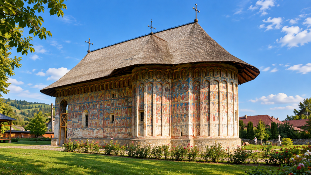 Humor Monastery, one of the painted monasteries of Bucovina, surrounded by greenery