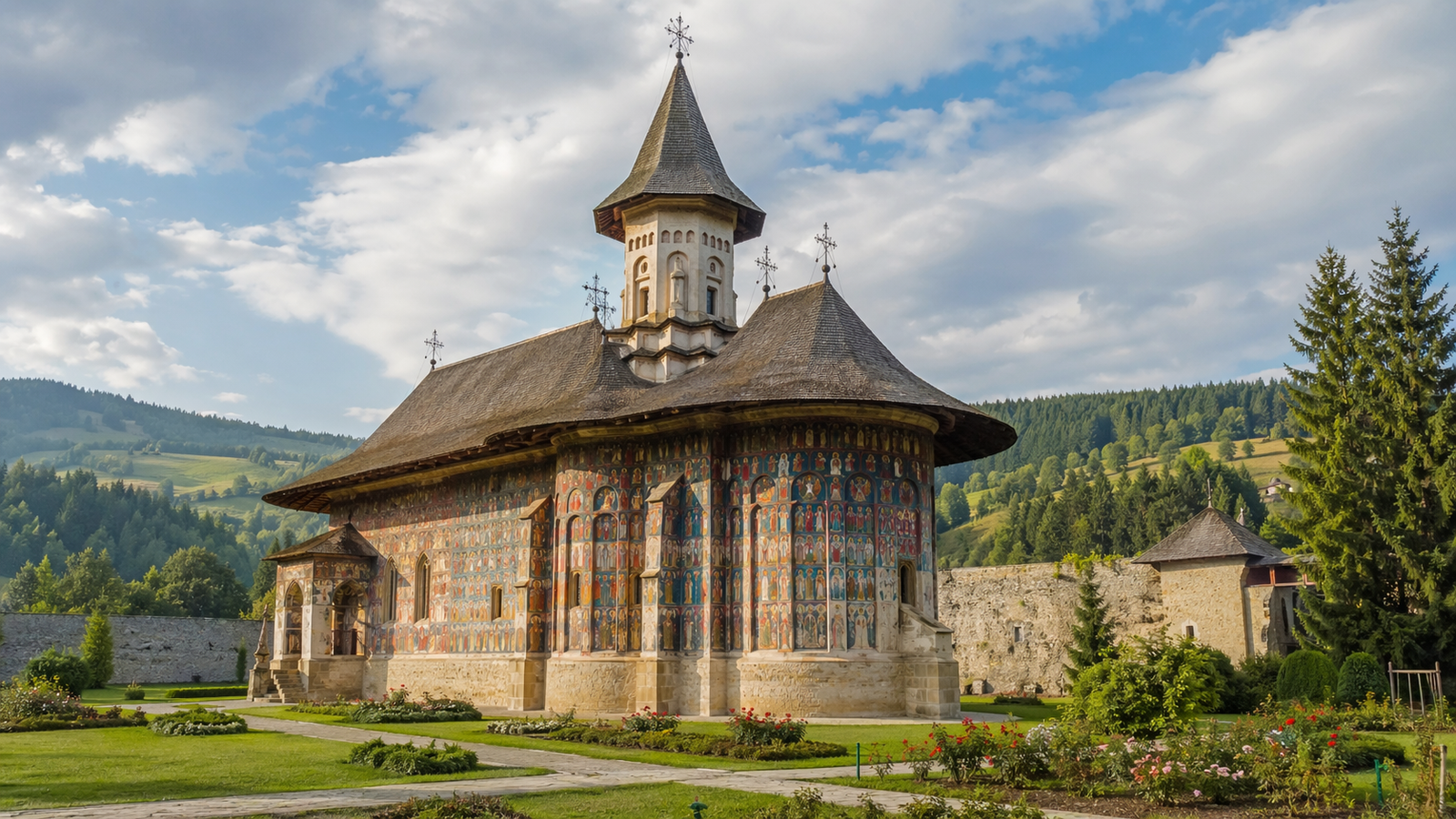 Painted monastery in Bucovina with vivid exterior frescoes and green hills around it.