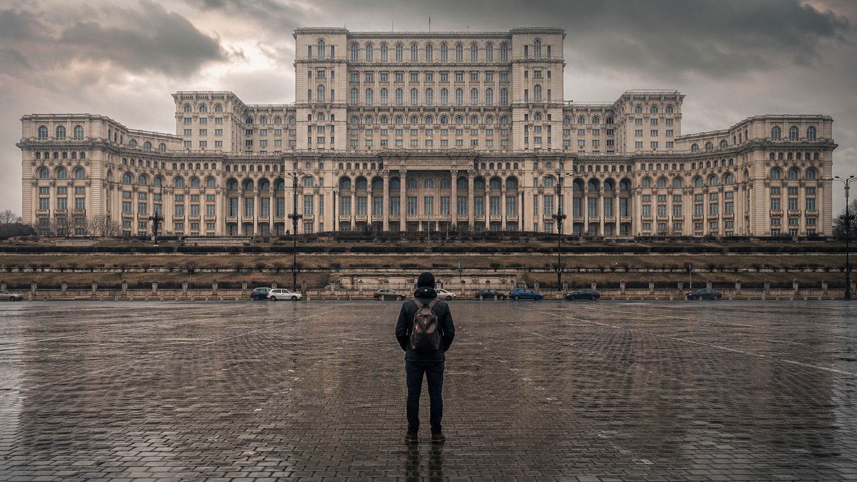 Traveler standing before the Palace of Parliament in Bucharest, emphasizing its immense scale.