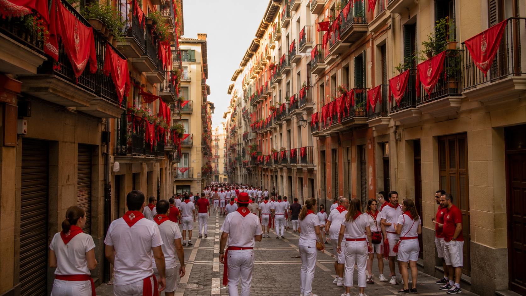Quiet Pamplona street before a San Fermin event with festival colors.