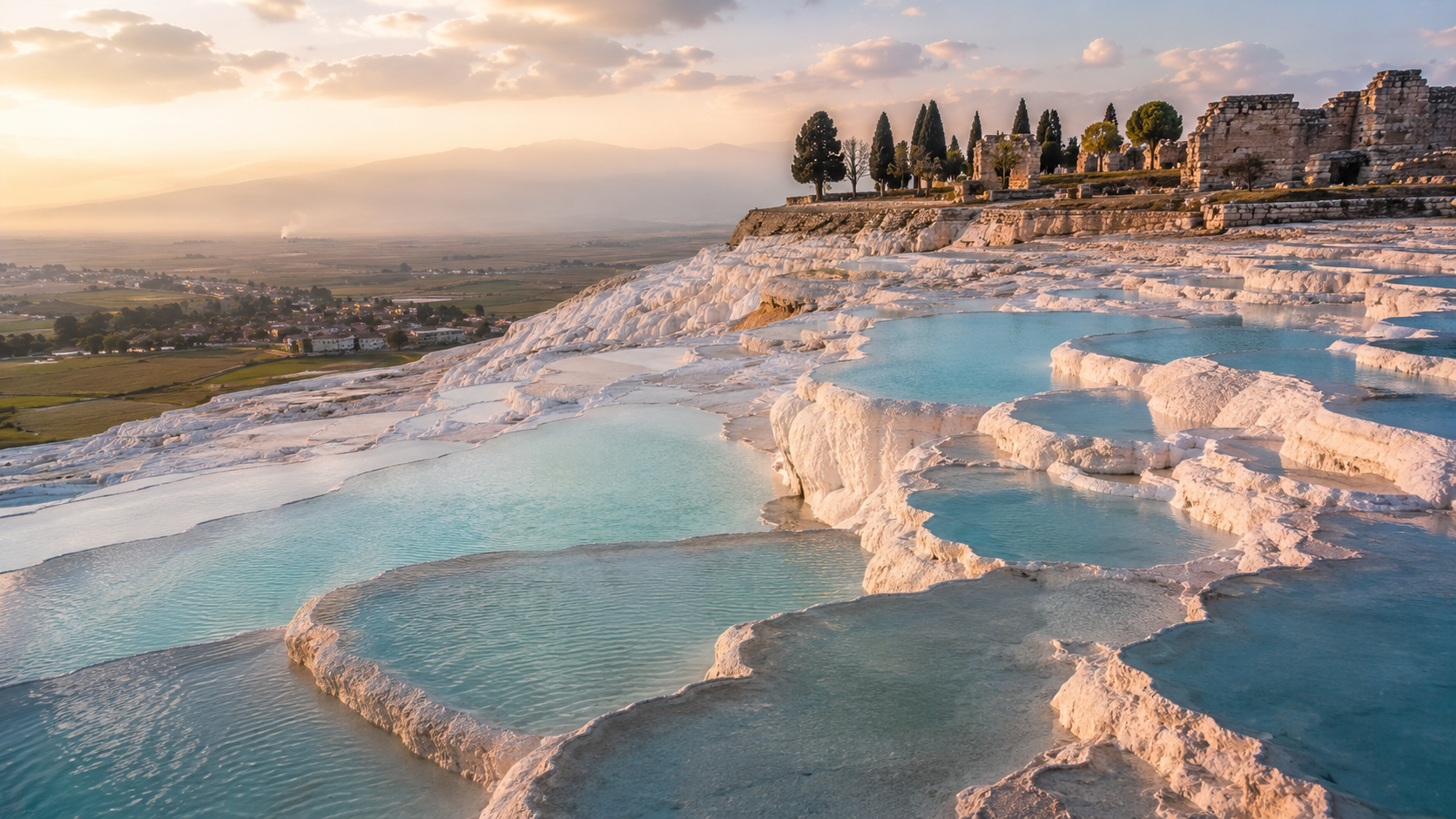 Pamukkale travertine terraces with ancient Hierapolis ruins in Turkey