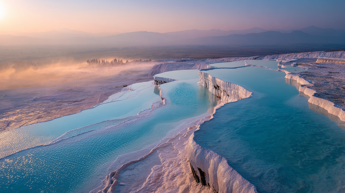 Natural wonders of Turkey: Pamukkale white travertine terraces with turquoise thermal pools at sunrise