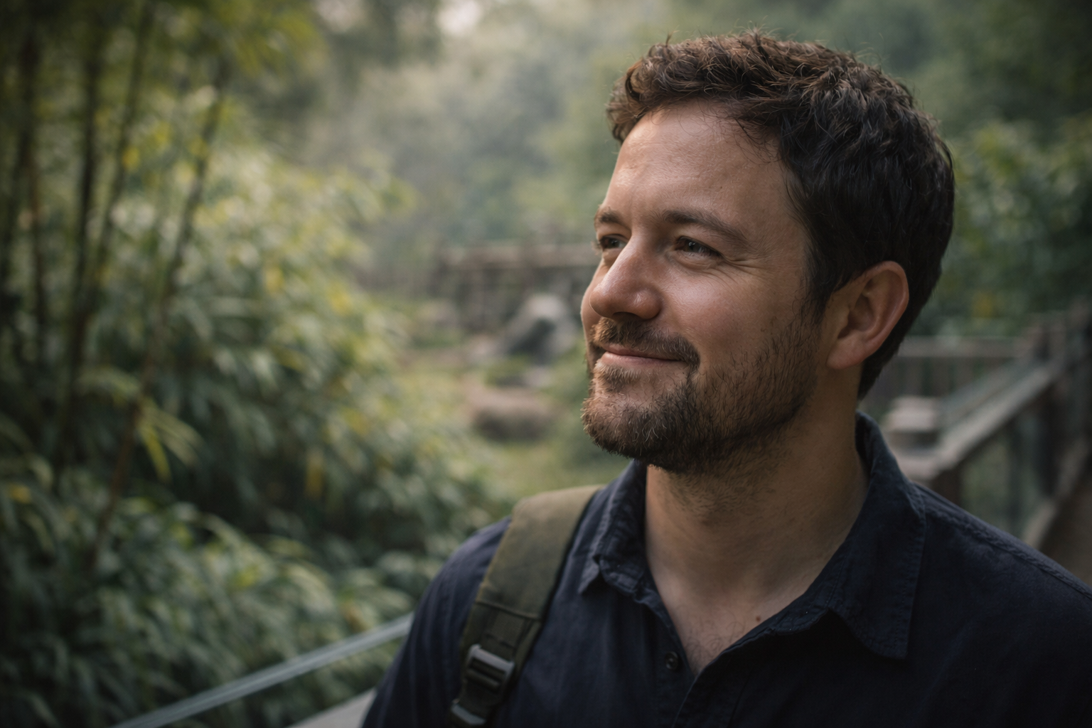 Panda experience in Chengdu: Satisfied traveler after a panda visit with soft greenery behind.