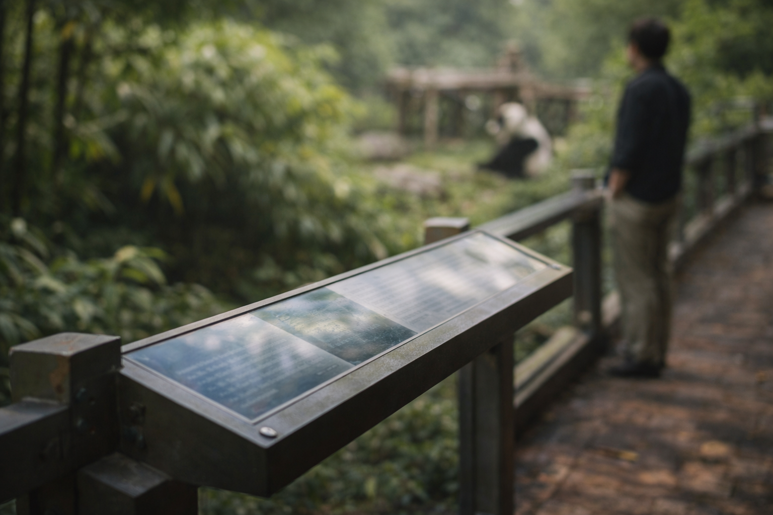 Respectful viewing boundary at a panda habitat with a visitor standing back.