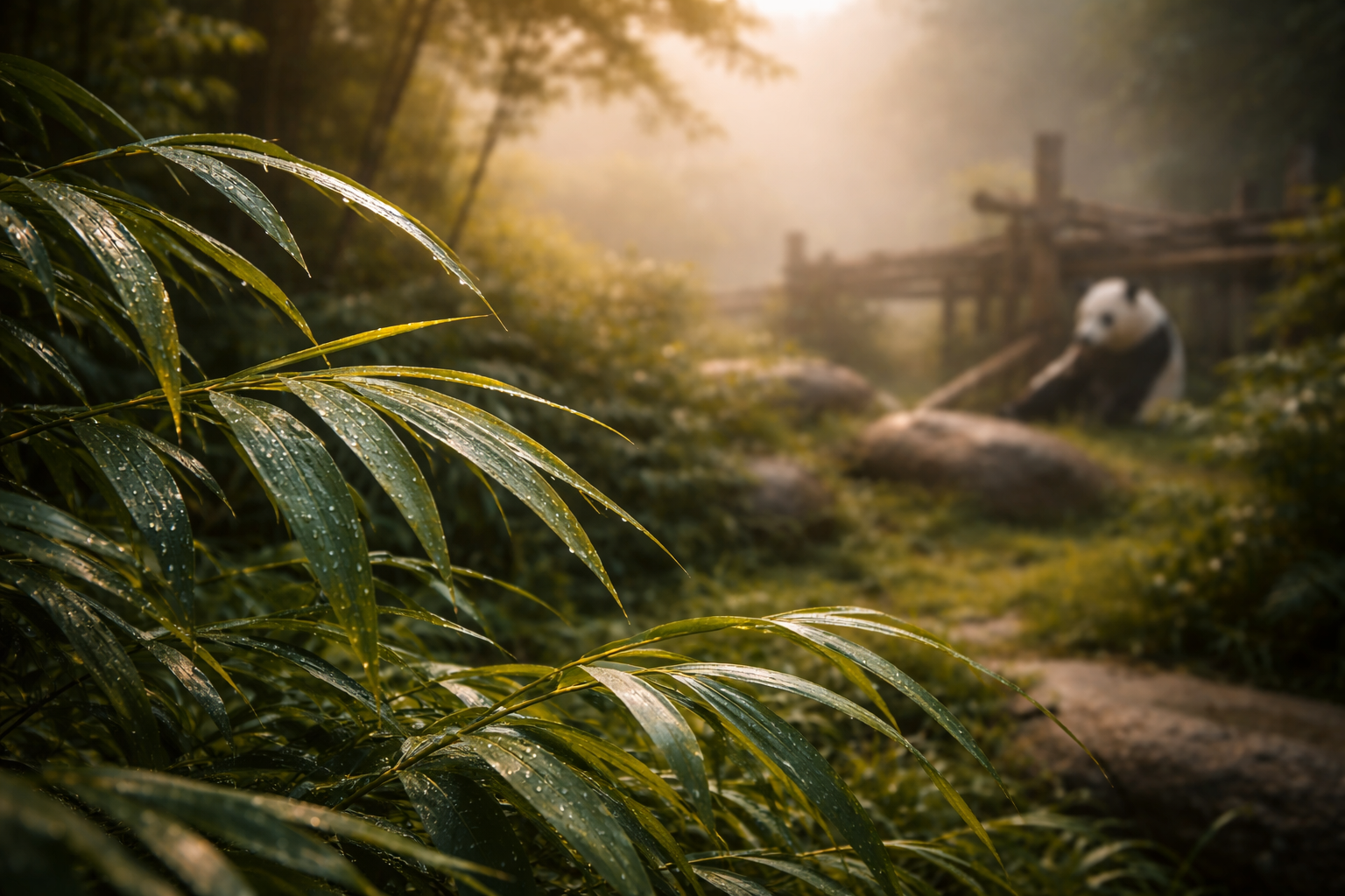 Dew-covered bamboo in dawn light near a panda habitat.