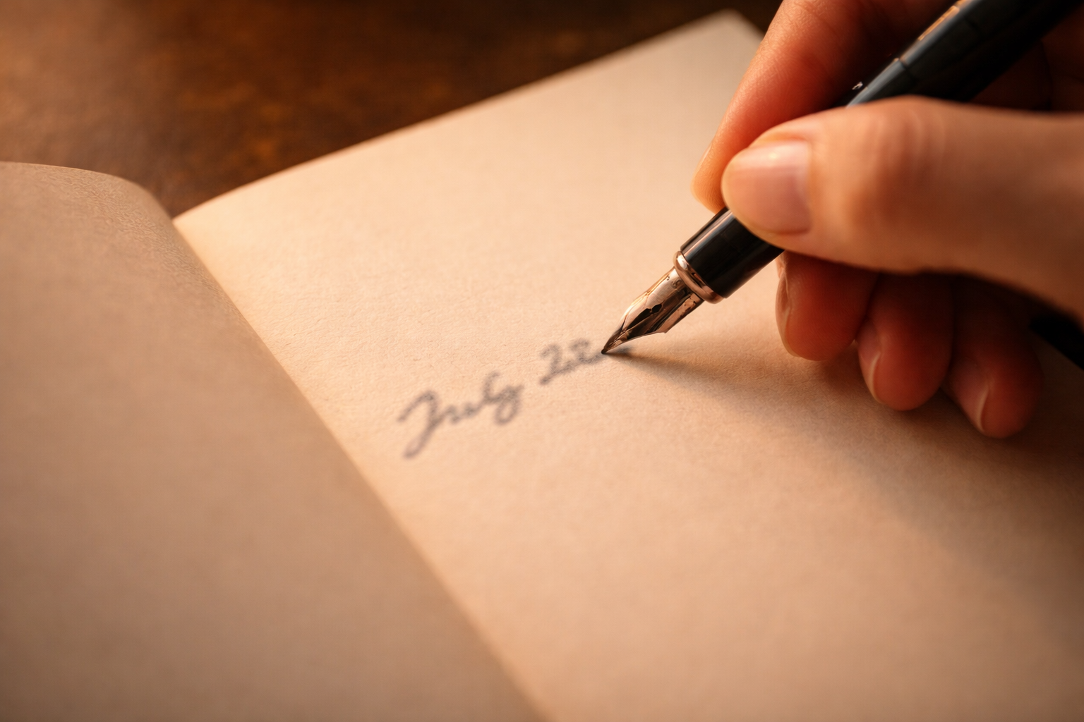 Close-up of writing a date inside a book cover, text not readable.
