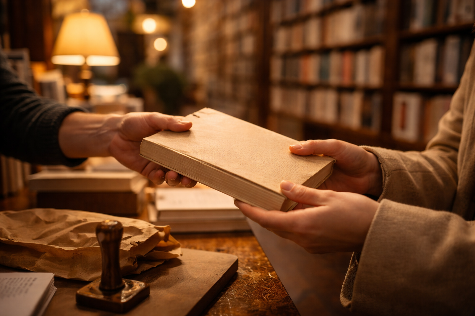 Hands receiving a book in a warm Paris bookshop.