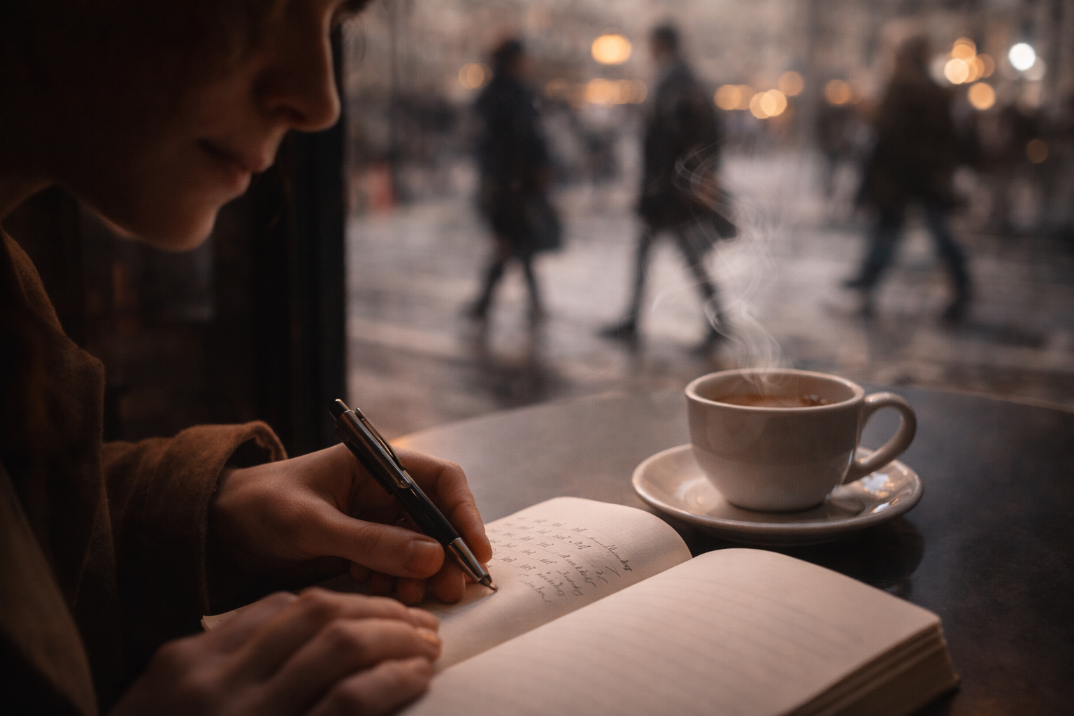 Close-up of a person writing in a café with soft street reflections.