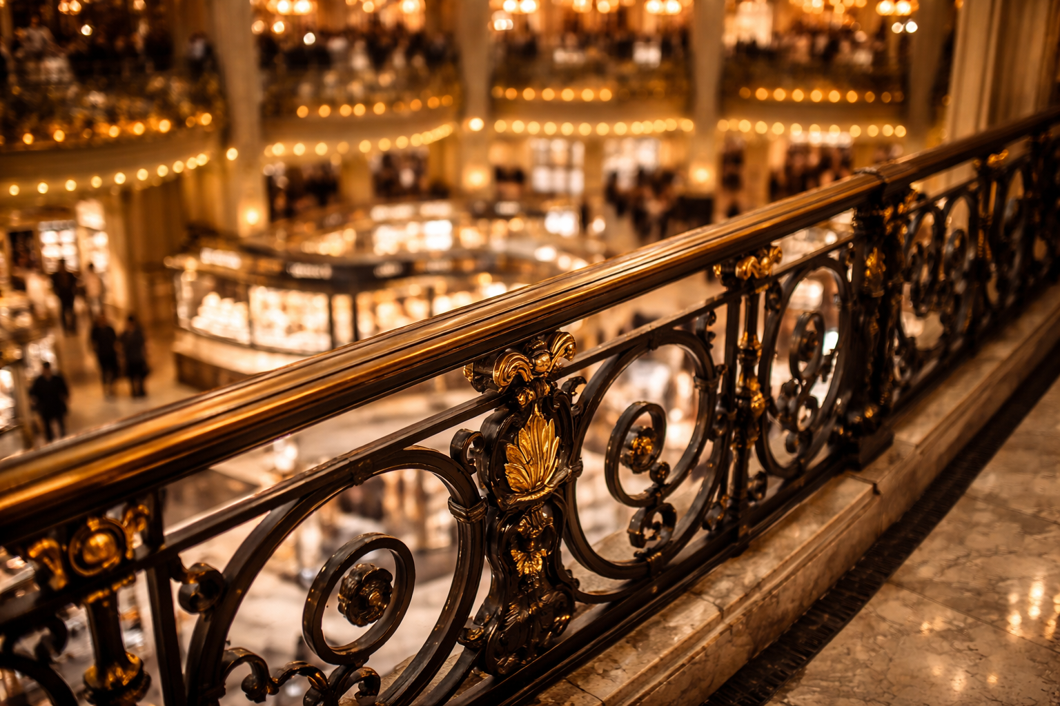 Ornate balcony detail above glowing department-store interiors in Paris.