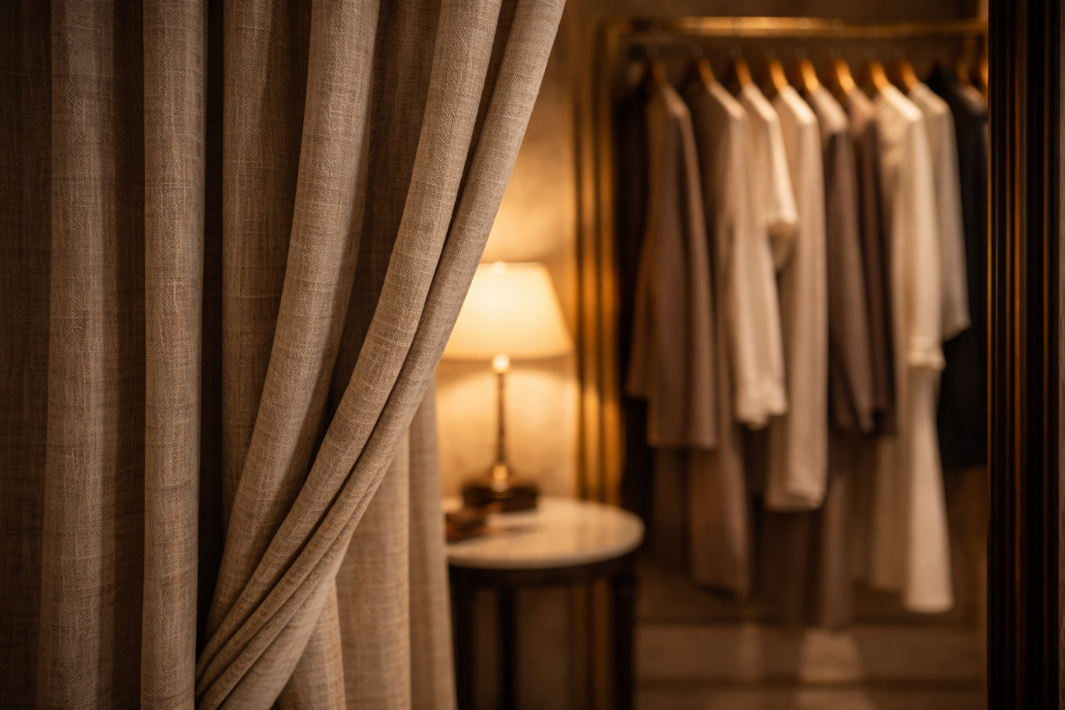 Fitting-room curtain and garment rack in a softly lit Paris boutique.