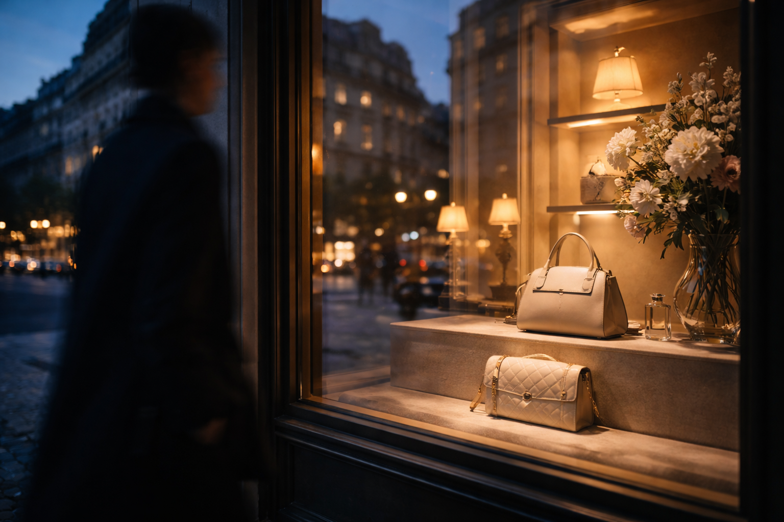 Paris shop window at blue hour with city reflections and a soft passing silhouette.