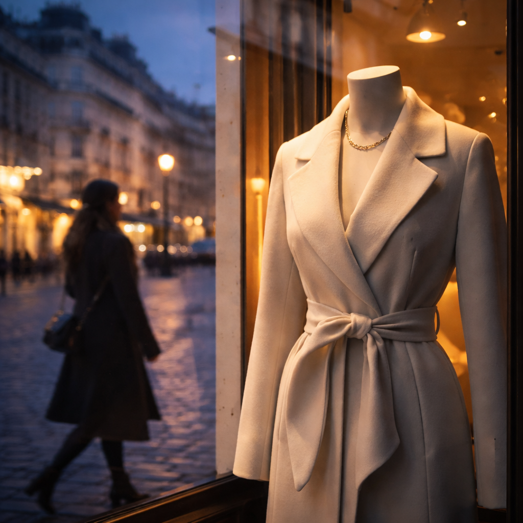 Paris boutique window with layered reflections and an elegant blurred passerby.