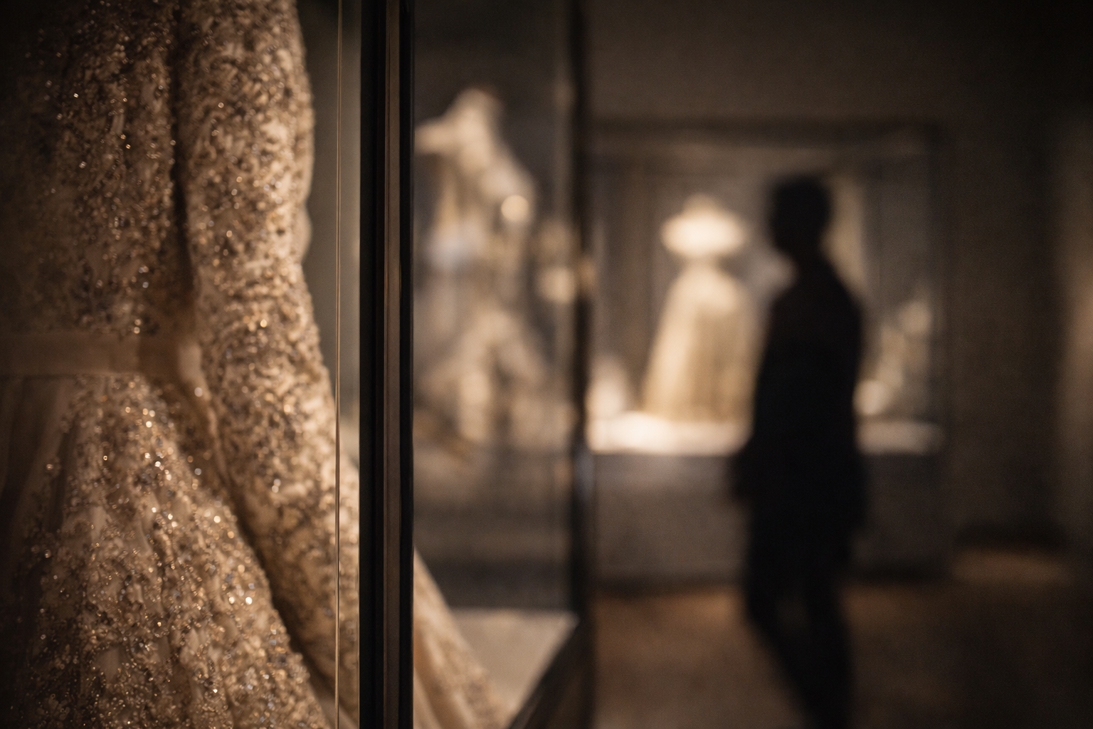 Couture fabric behind glass in a Paris fashion museum with a soft visitor reflection.