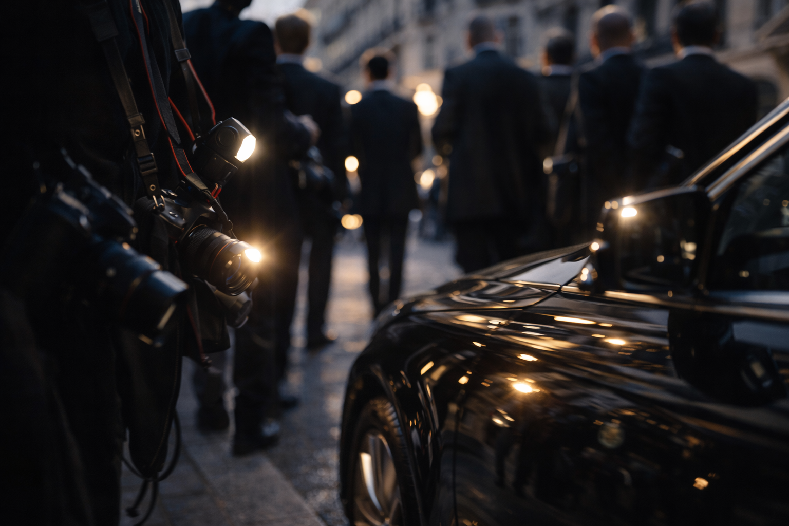 Camera flash reflections on black car paint during a fashion-week-style street moment.