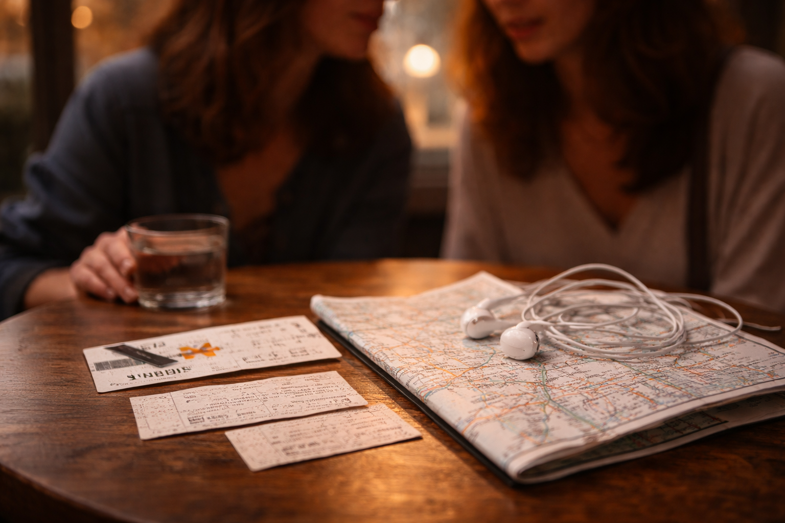 Two friends deciding a France route with tickets and a map.