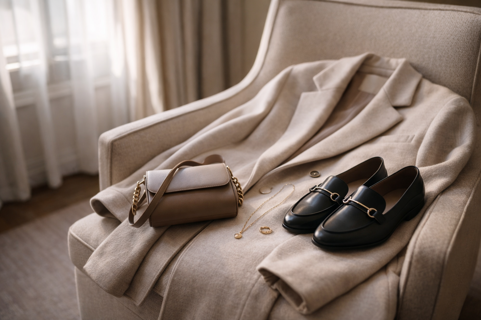 Carefully edited Paris outfit laid on a hotel chair in soft daylight.