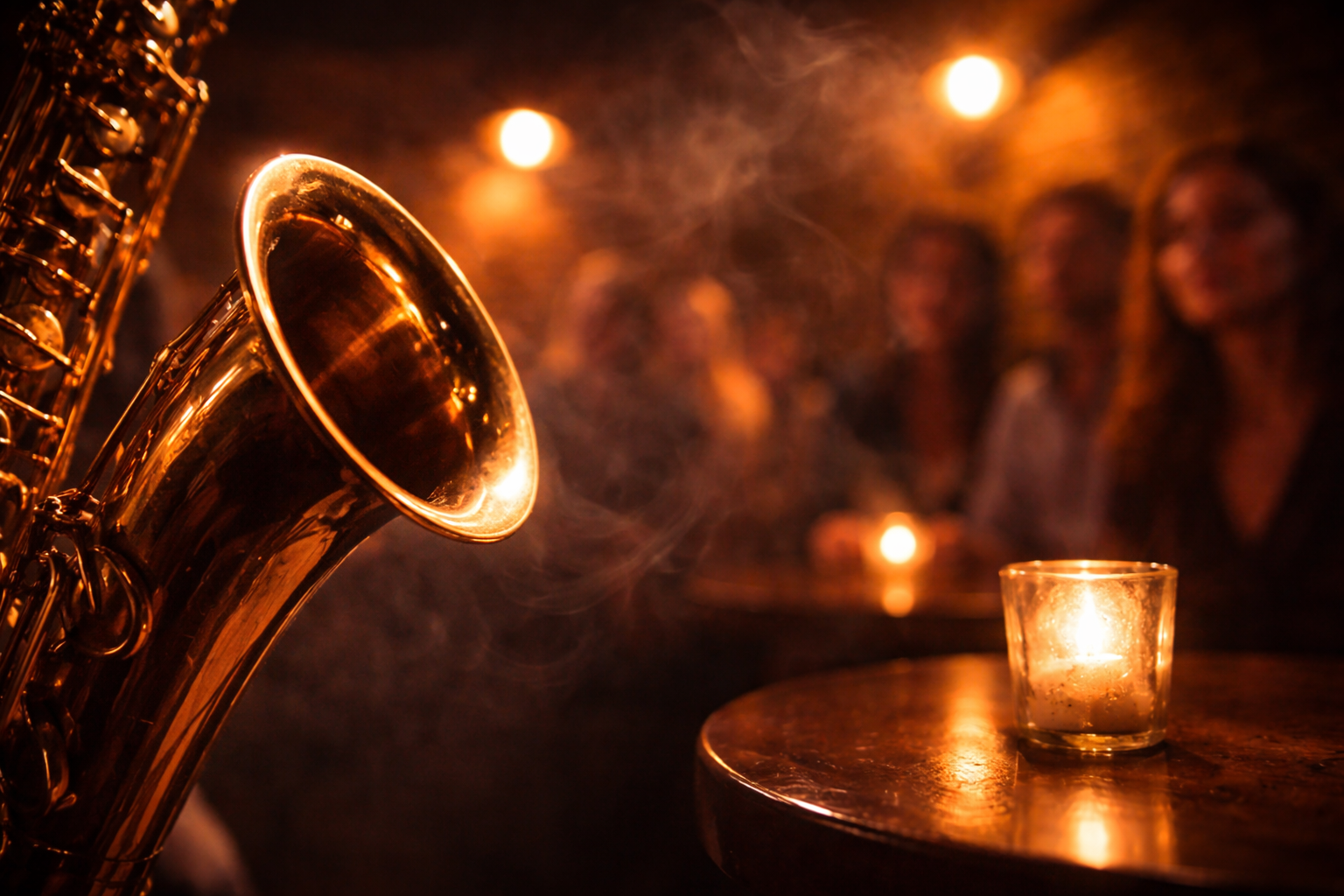 Saxophone close-up in warm jazz-club light with a soft attentive crowd.