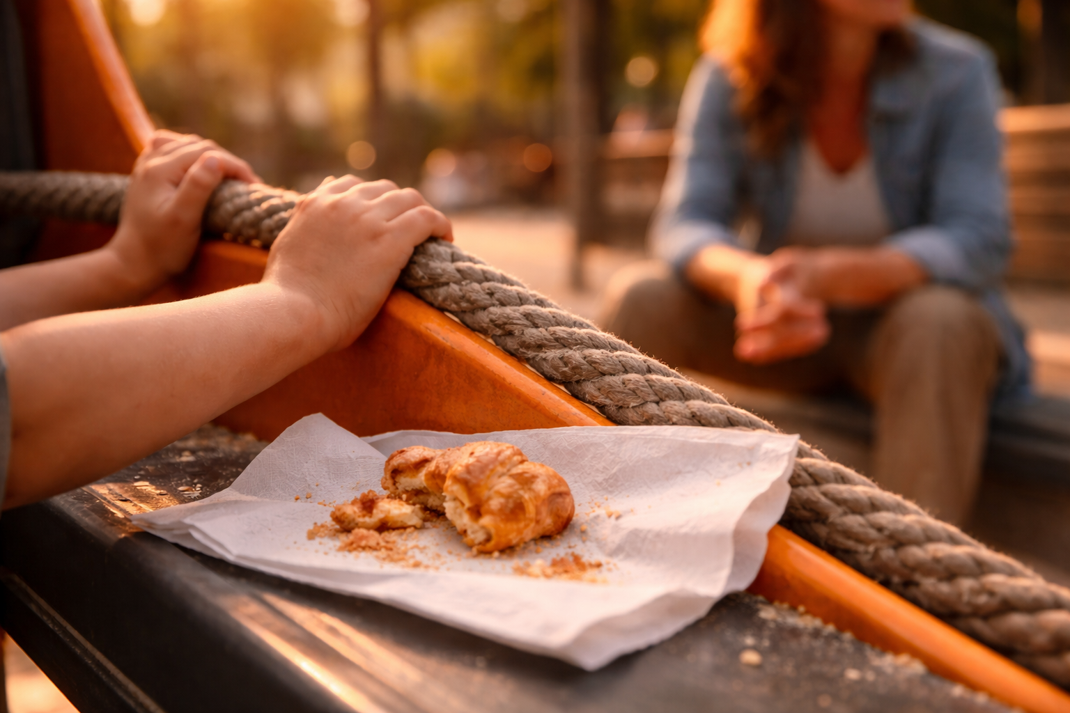 Playground break detail with small hands and a relaxed family vibe.