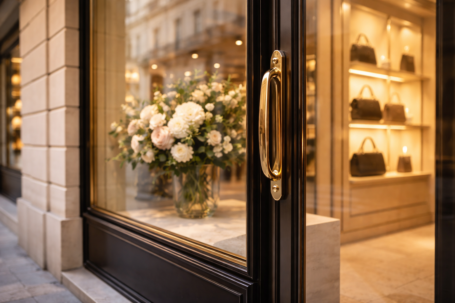 Brass, stone, and display-window details on a Paris luxury shopping street.