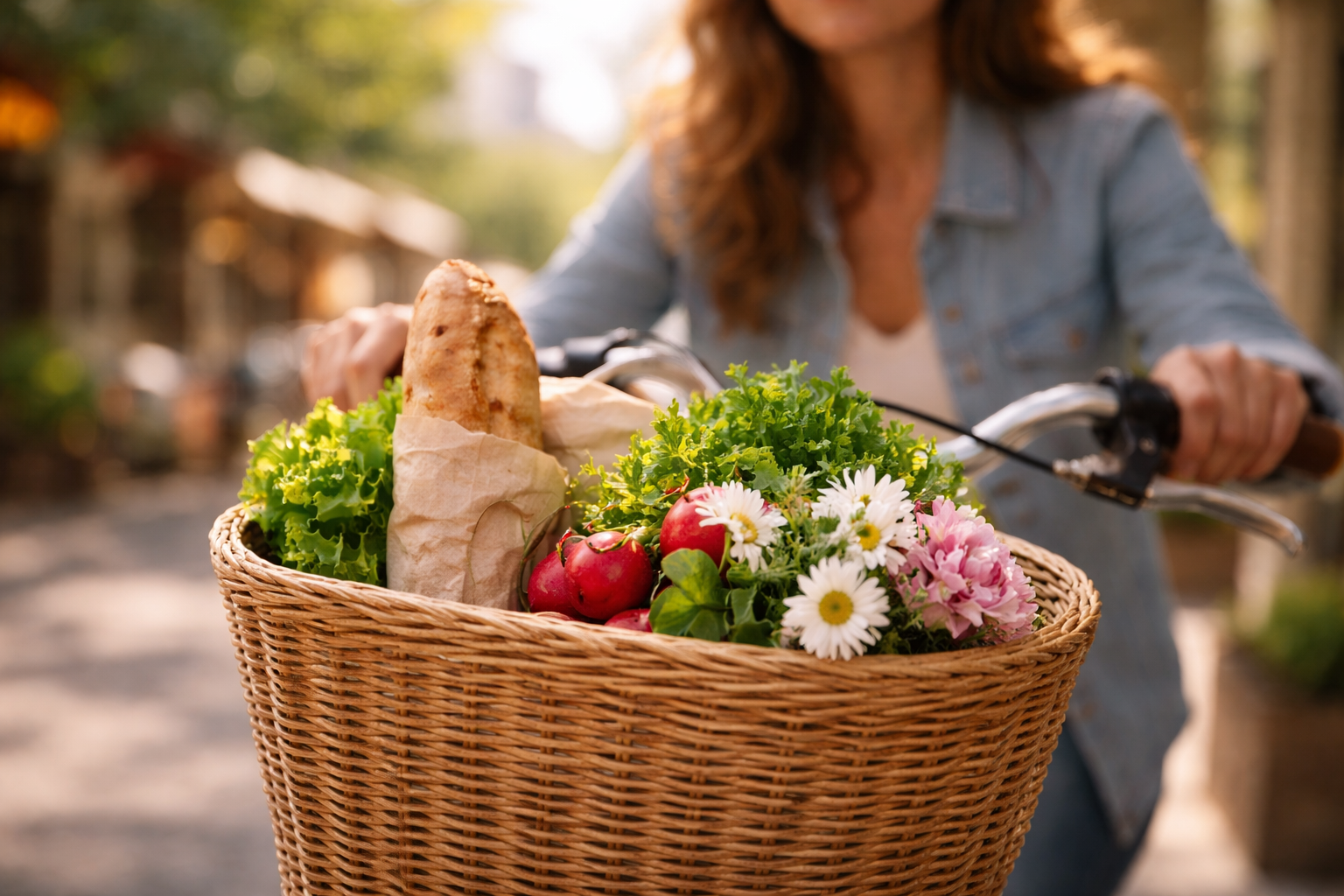 Bike basket with a small market bundle in a French city street.