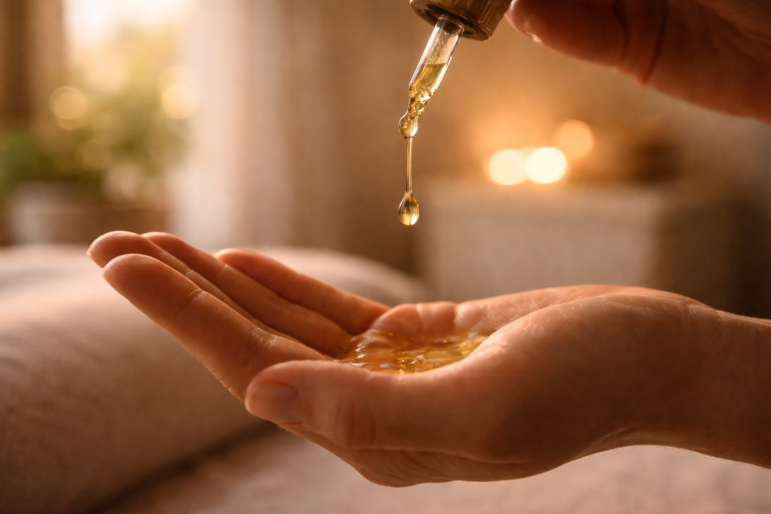 Close-up of massage oil drops in warm spa light.
